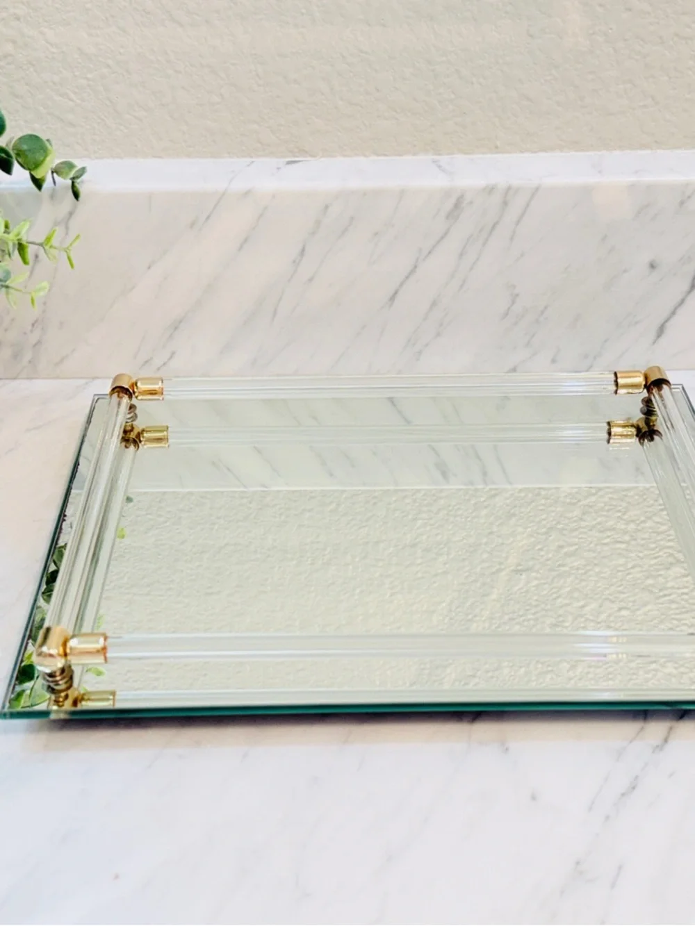 Vintage Modern Glass and Gold Mirrored Vanity Tray